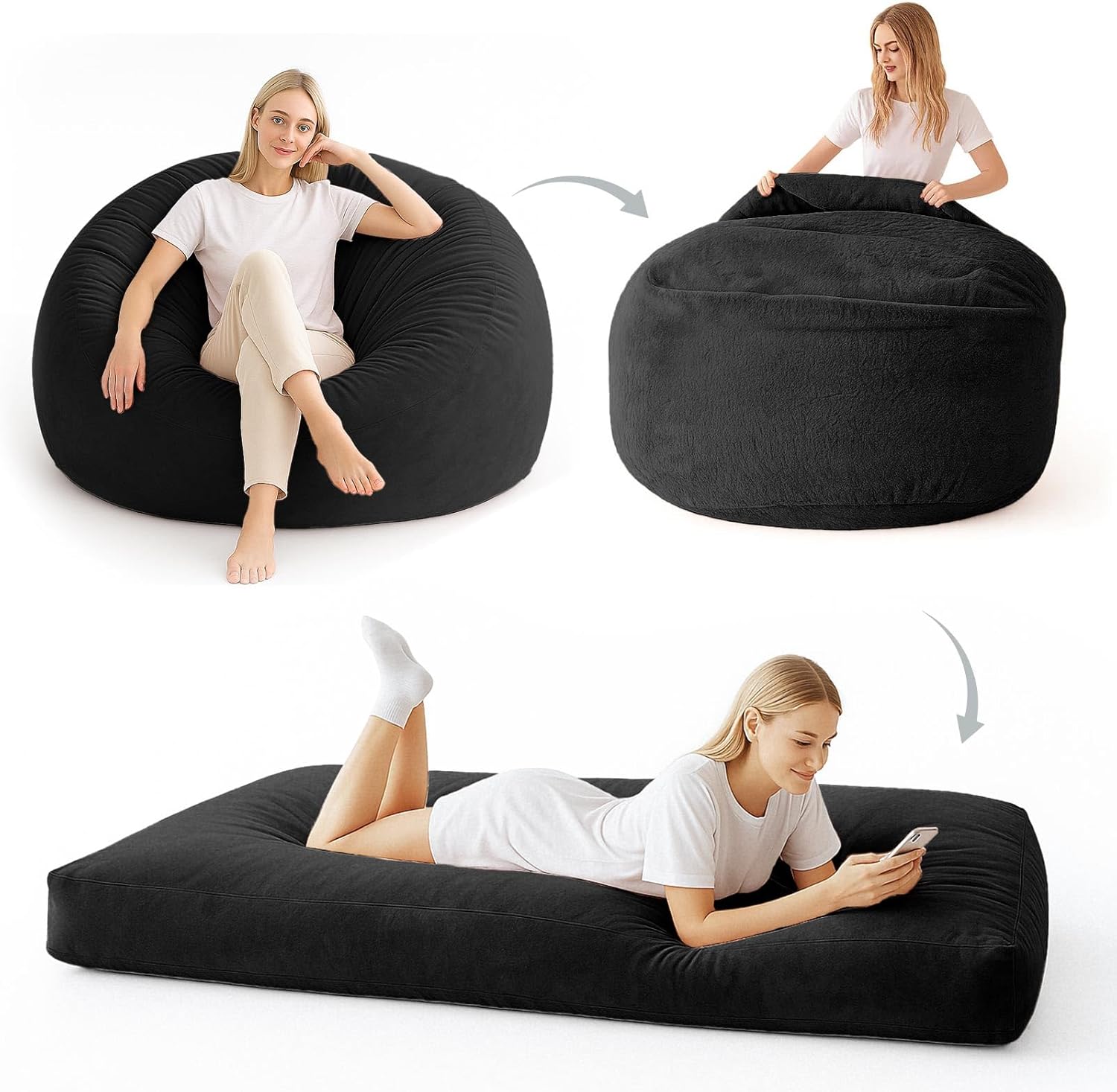 Extra Large Bean Bag Chair，Two in one Bean Bag Bed，It can be Easily Converted from a Chair to a Mattress, Filled with high-Density Foam, Washable Flannel Cover. for Families (Black)