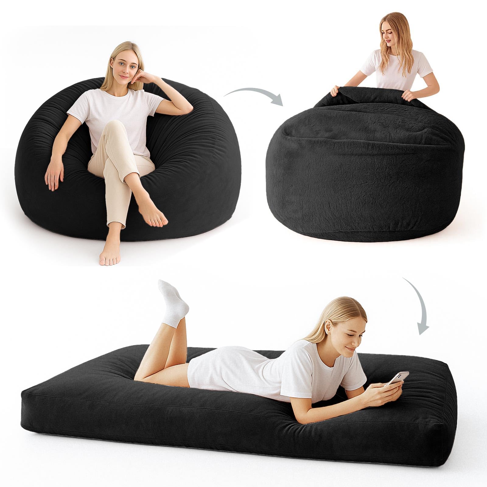 Big Bean Bag Chairs for Adults,Bean Bag with Filler Included,Memory Foam Bean Bag,Giant beanbag,Suitable for Reading Chairs in Living Room, Bedroom and Dormitory. (Black, Bean Bag Bed)