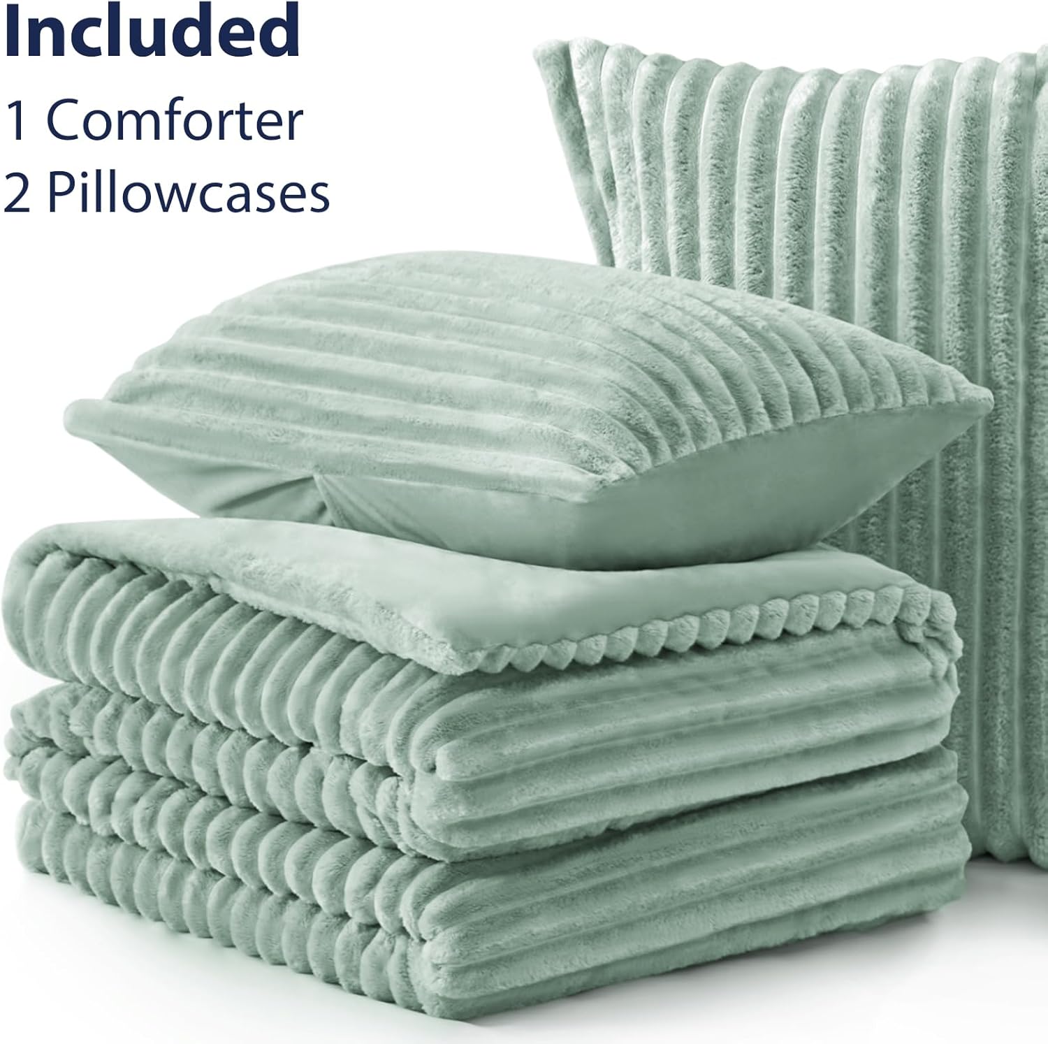 EXQ Home Fluffy Comforter Set Queen Size Super Soft Faux Fur Stripe Jacquard Comforter 3 Pieces, Sage Green Fleece Bedding Set,Winter Warm Bed Set,1 Comforter with 2 Pillowcases - Image 8