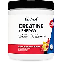 Nutricost Creatine + Energy 30 Servings Fruit Punch Flavored - 5,000mg Creatine Monohydrate + 350mg Energy Complex Per Serving