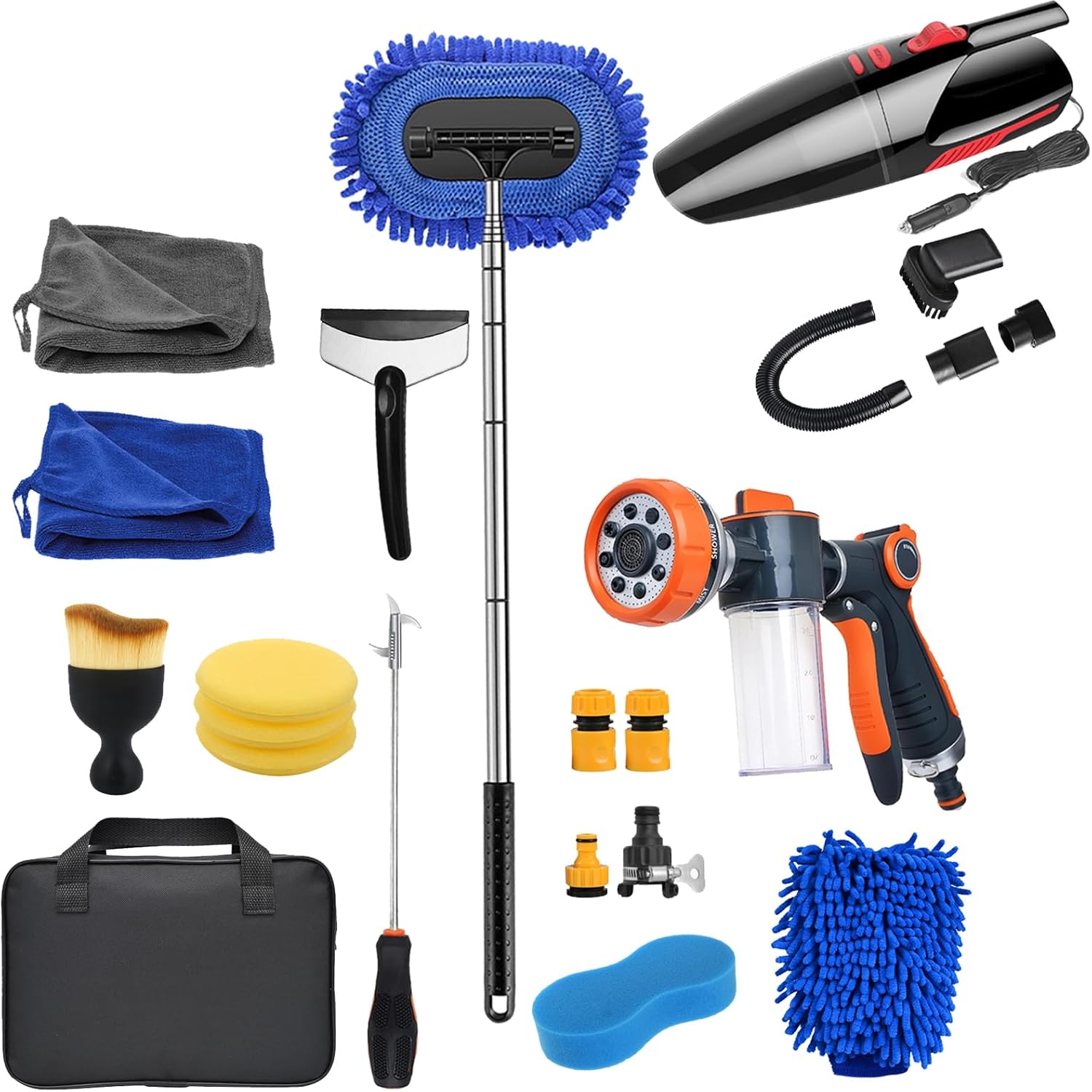 Car Cleaning Supplies Cleaning Kit with Pressure Foam Hose Nozzle,Portable Car Vacuum,Car Wash Brush,Car Wash Detailing Kit Car Accessories for Women Men Color Blue