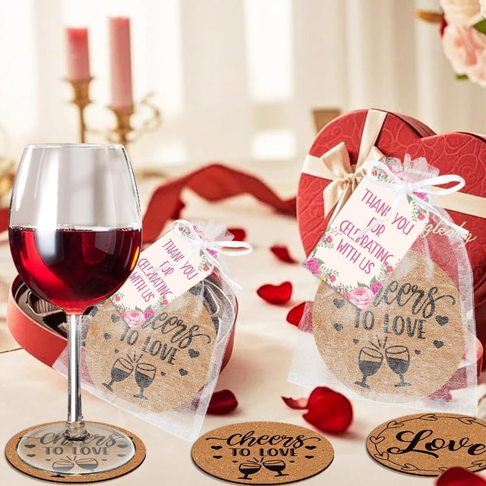 180pcs Wedding Favors for Guests Bulk 60 Set- Cork Coasters with Organza Bags & Rustic Floral Tags - Absorbent Reusable Drink Coasters for Bridal Shower, Engagement Party, Rehearsal Dinner Souvenirs