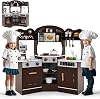 HOMASIS Children's Kitchen with Light & Sound Play Kitchen with 16 Play Accessories Kitchen Set with Coffee Machine Sink Microwave Oven Washing Machine Toy Kitchen Wood Corner Kitchen for