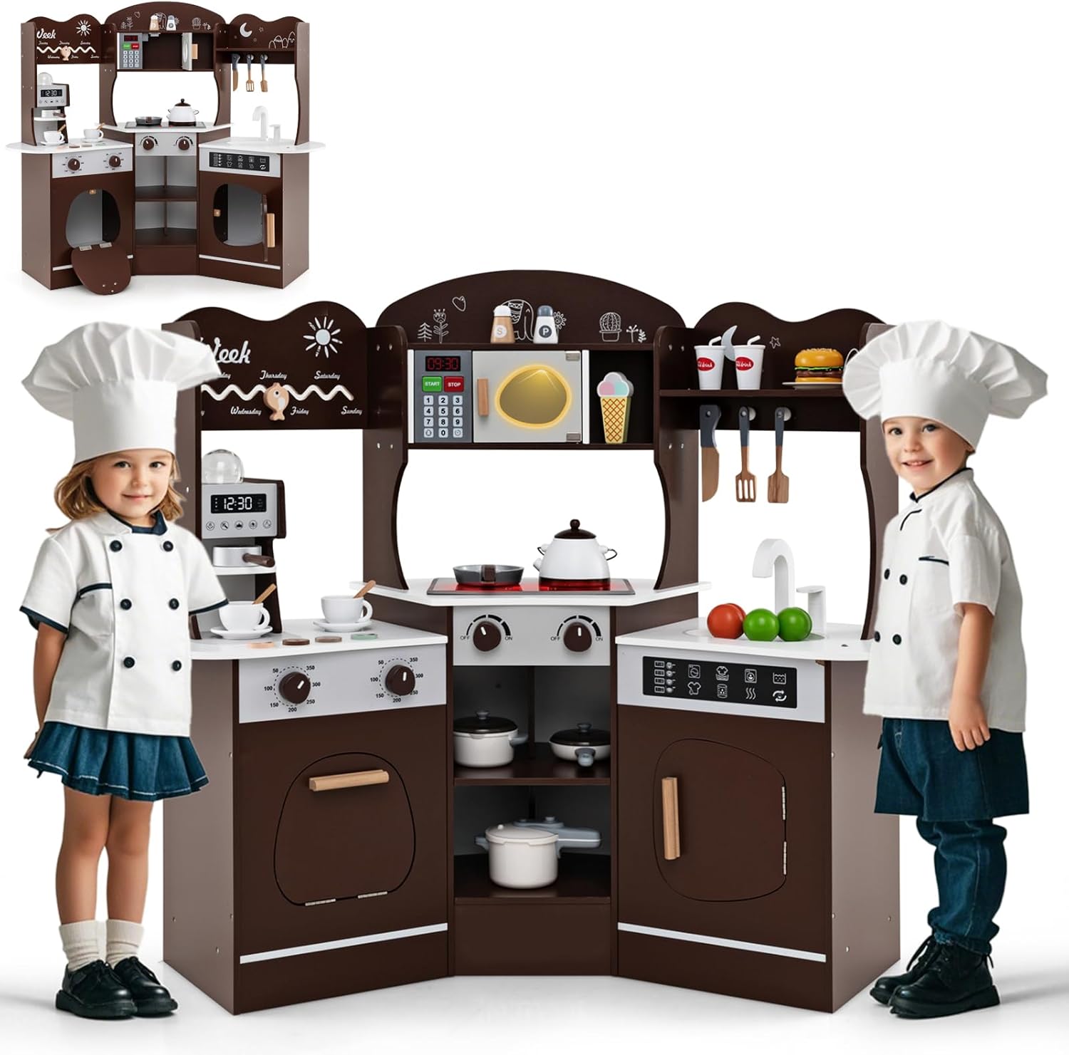 HOMASIS Children's Kitchen with Light & Sound Play Kitchen with 16 Play Accessories Kitchen Set with Coffee Machine Sink Microwave Oven Washing Machine Toy Kitchen Wood Corner Kitchen for