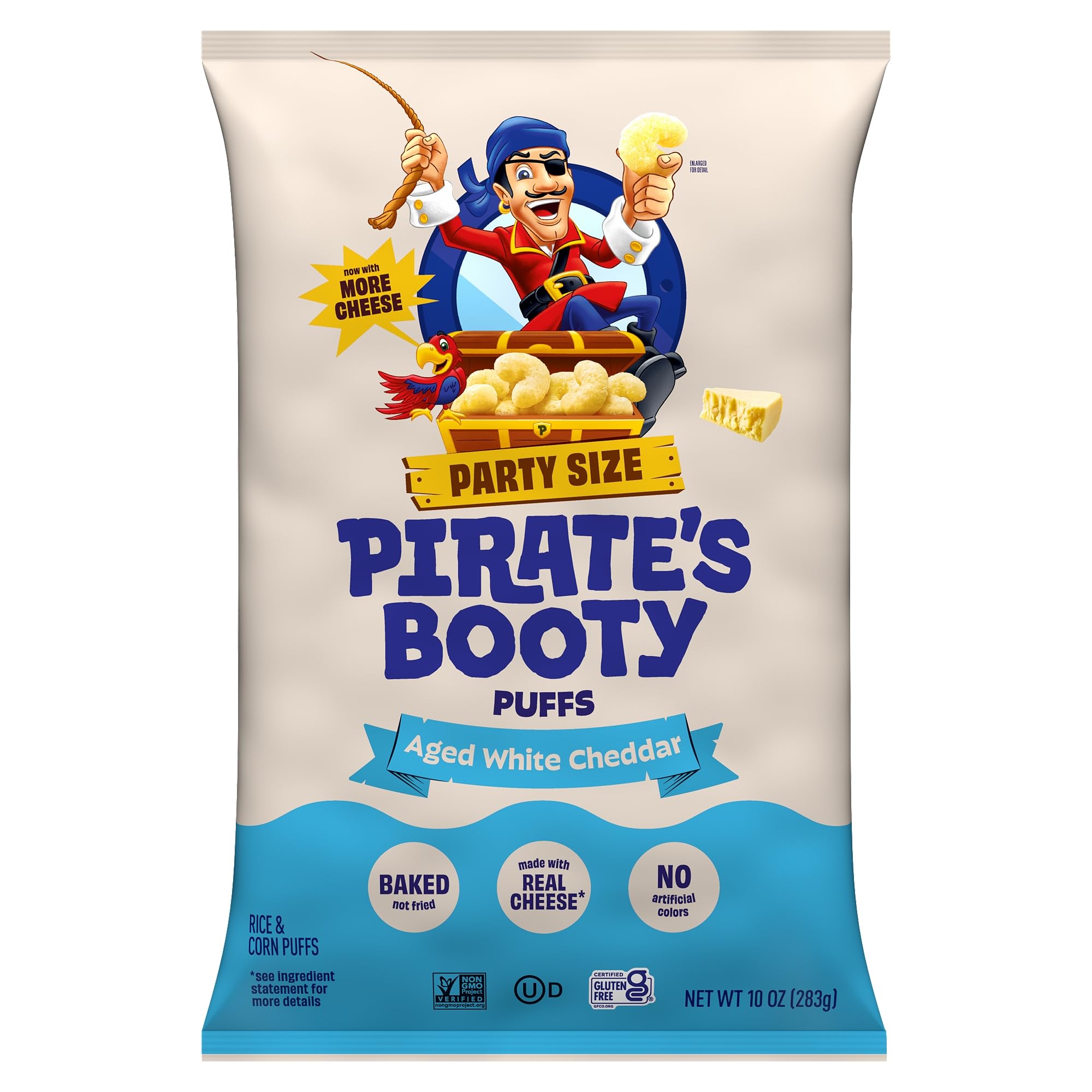 Aged White Cheddar Cheese Puffs Party Size Bag by Pirate's Booty – 10 Ounce (Pack of 1), Aged White Cheddar, Model 10015665520807