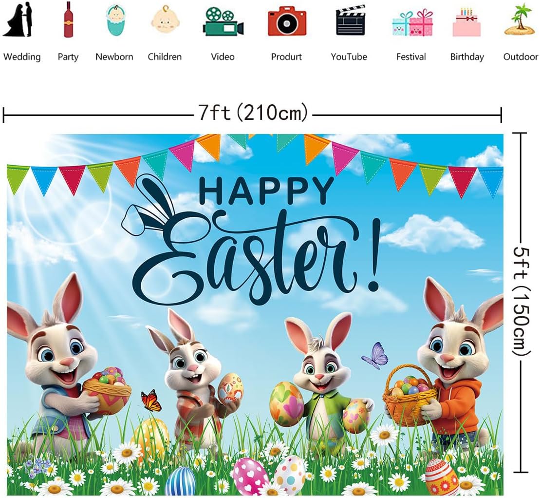 Happy Easter Banner Backdrop 7x5FT Blue Sky Green Lawn Colorful Easter Eggs Bunny Photography Background Spring Party Decorations Photo Props