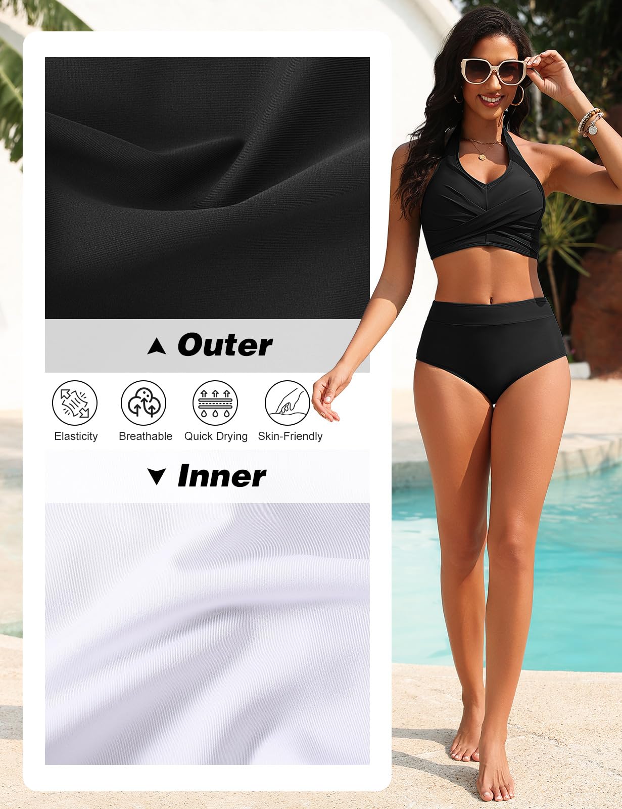 Maillot de Bain Femme 2 Pieces Taille Haute Ventre Plat Bikini Sexy Col en V Bandeau Ajustables Swimsuit Élégant Piscines de Plage