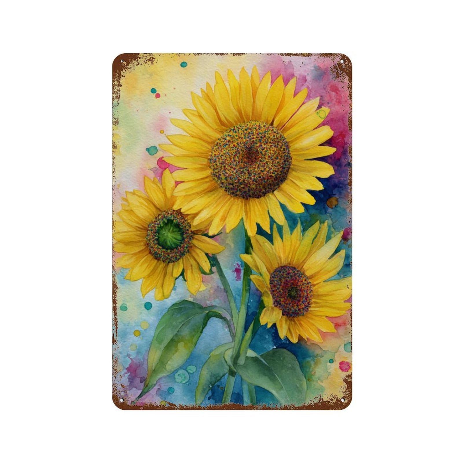 Colorful Sunflowers Watercolor Art Rustic Tin Plaque 11.8"x7.9", for Living Room, Hallway And Home Decor, Decorative Metal Wall Art