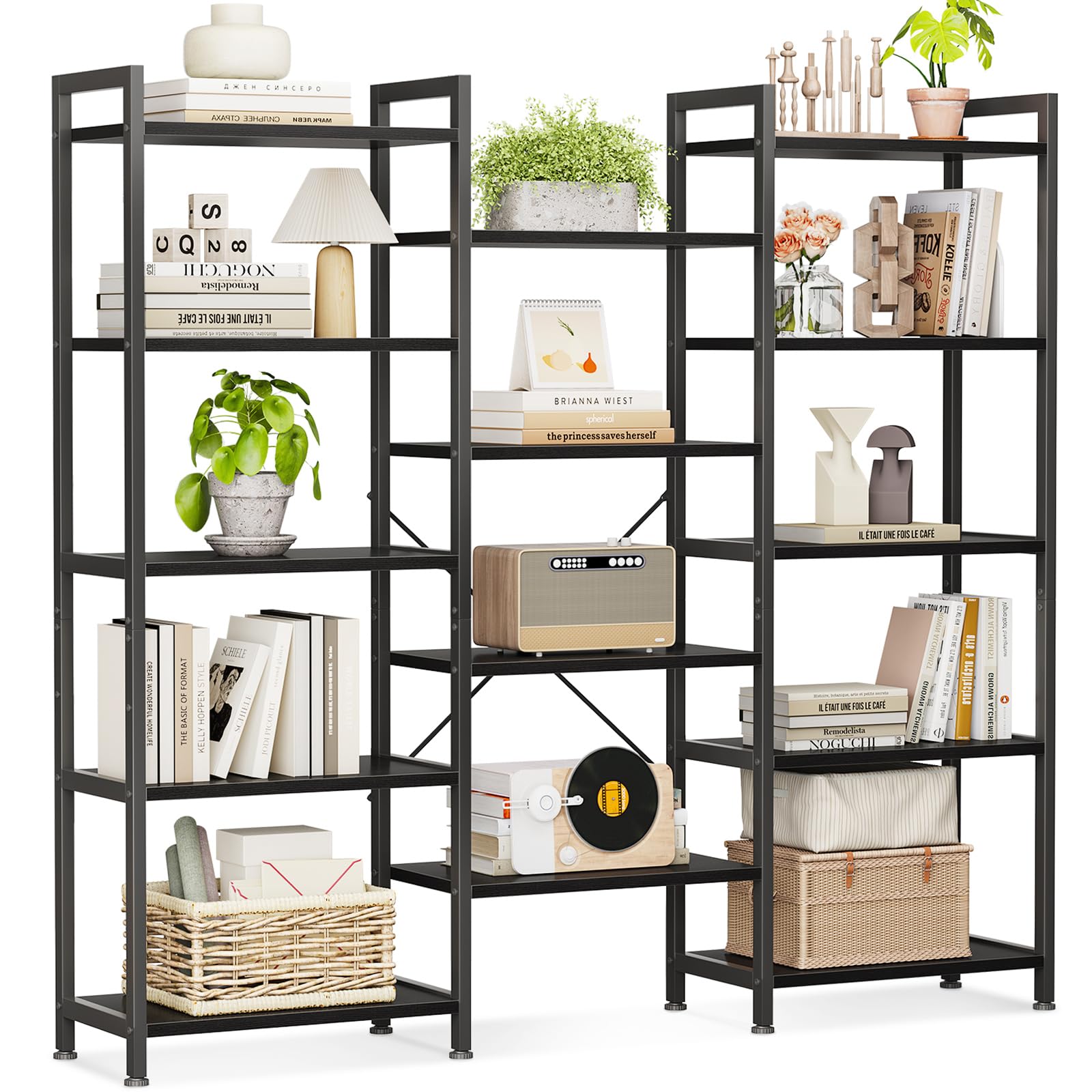 Coleshome Triple Bookshelf, Large Bookcase with 14 Open Display Shelves, Industrial Book Shelves Book Case for Bedroom, Wide Standing Shelving Unit for Living Room Home Office (Black, 5-tier)