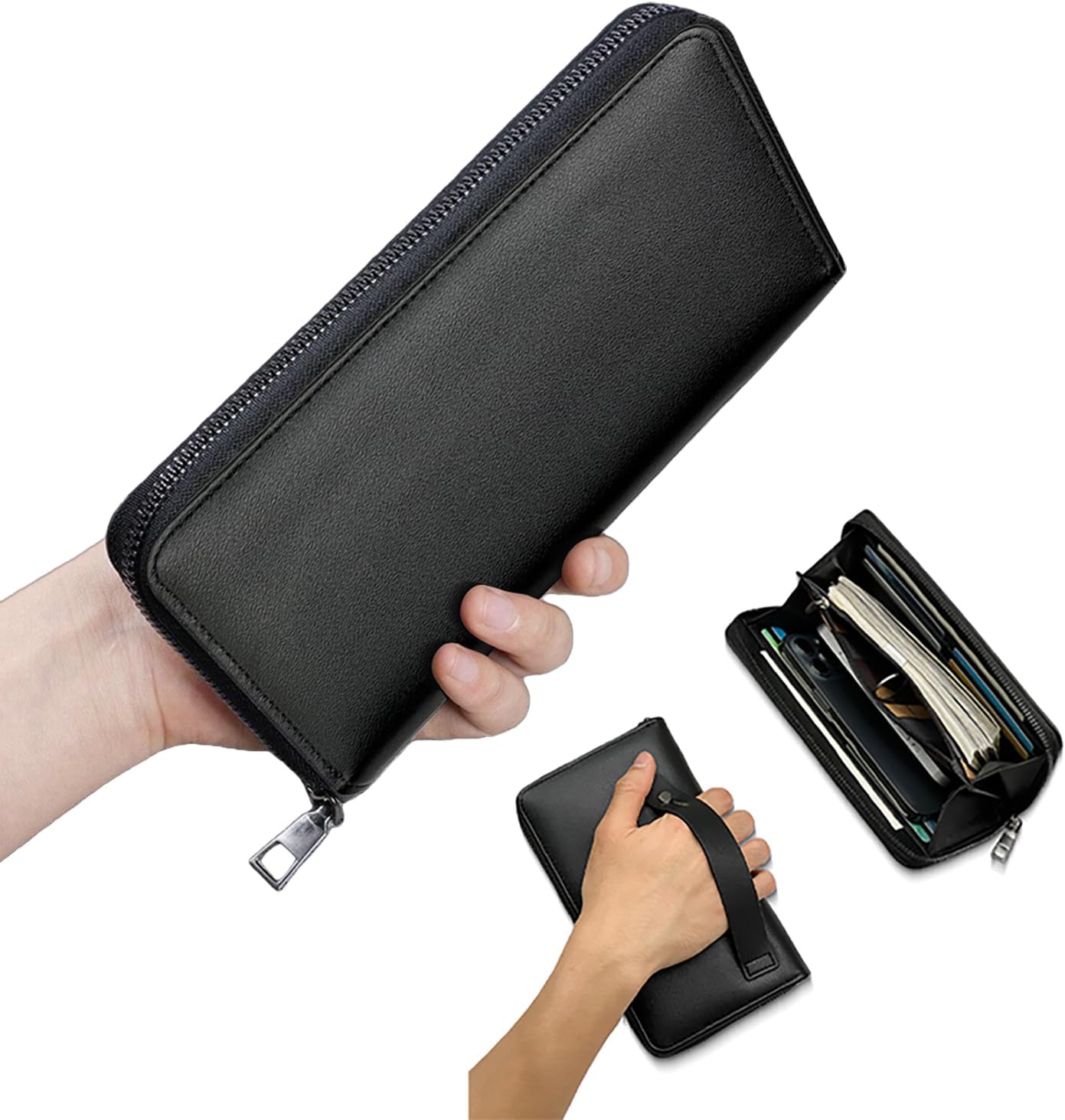 Long Wallet for Men, PU Leather Zipper Wallet with Wrist Strap, Large Capacity Travel Men Clutch Bag for Passport Checkbook Phone