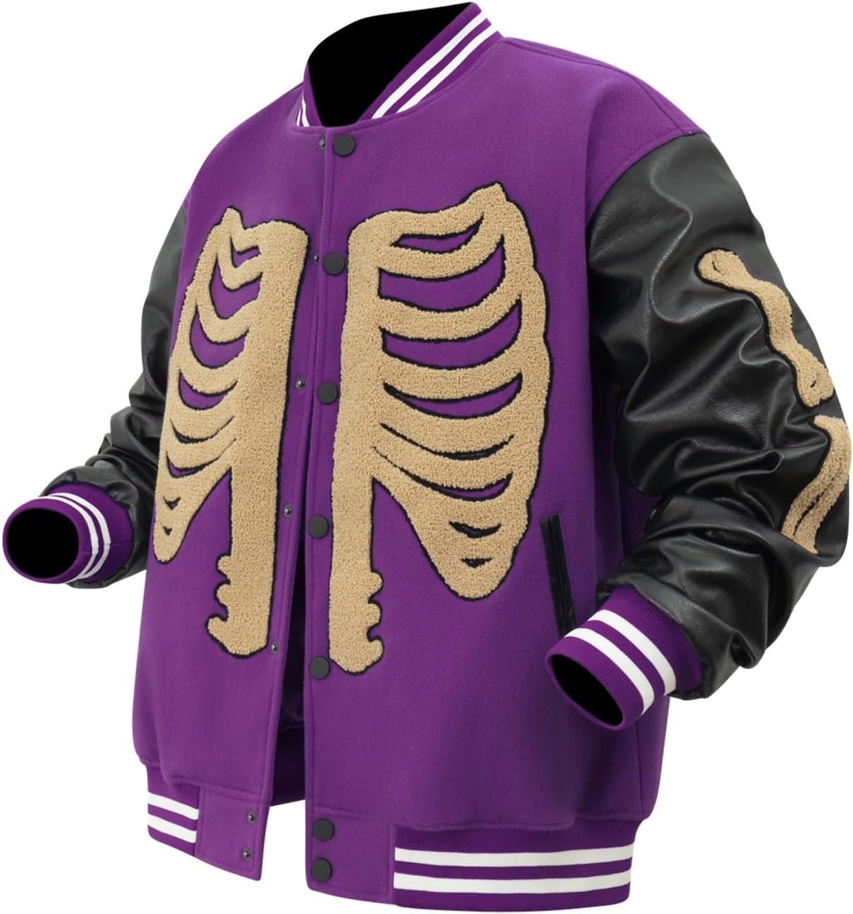 Men's Varsity Baseball Jacket with Skeleton Pattern Leather Sleeves Rock Gothic style for Daily Wear or Club