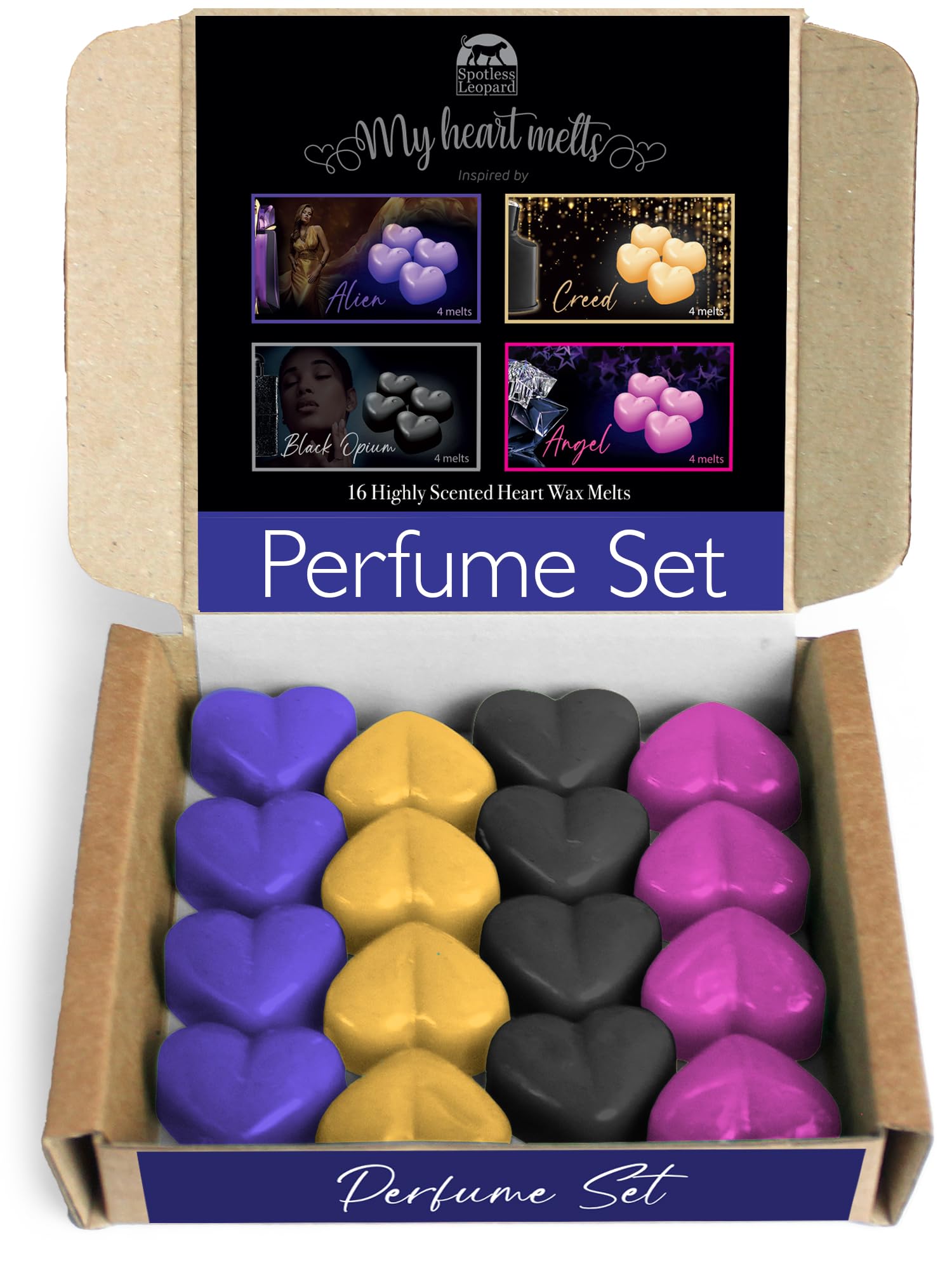 Spotless Leopard Women's Mixed Parfume Mixed Perfume Wax Melts: X 5 G Heart Shaped Melts In A Gift Box, 4 Pcs Each Of Angel, Alien, Black Opium And Creed Size 16