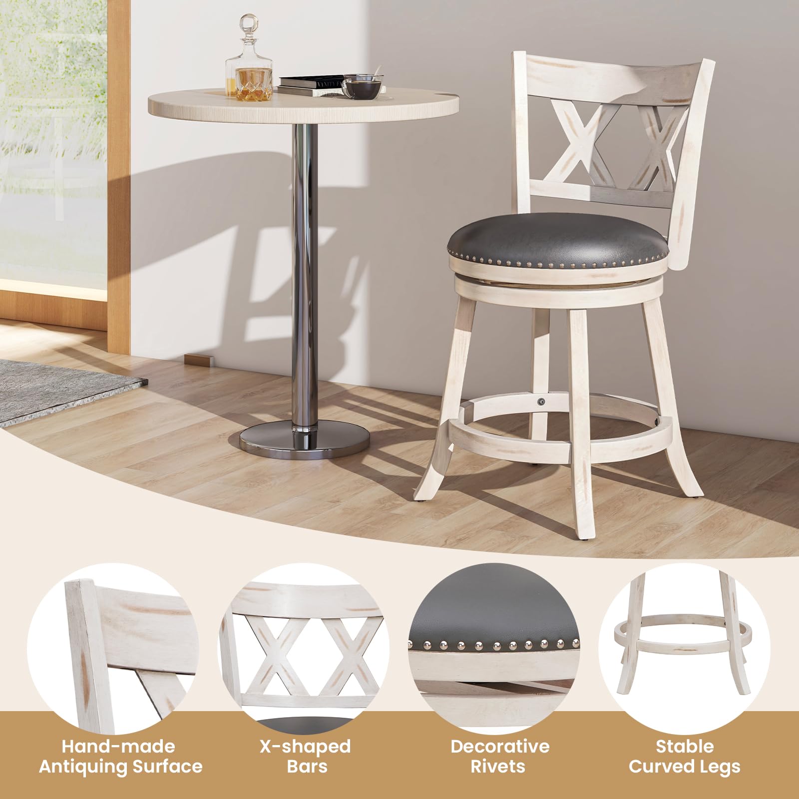 Set Of 2 Counter Height Bar Stools With Solid Rubberwood Frame – Natural Finish, Kitchen Ready
