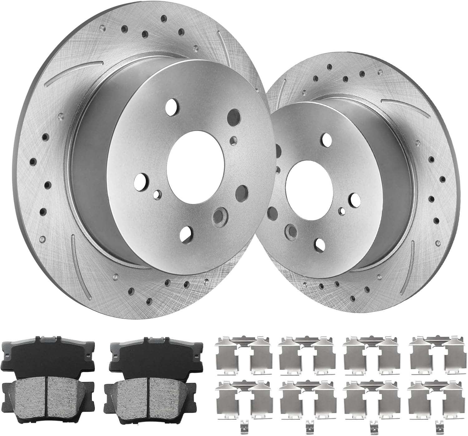MOTOREVO Rear Brake Pads And Rotors Kit Solid Compatible With Toyota Avalon 2008 2009 2010 2011 2012 Drilled Slotted Brake Rotors Ceramic Brake Pads (11.1in) 281mm Brakes And Rotors Kit