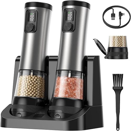 Electric Salt and Pepper Grinder Set 2 Pack, Adjustable Grinding Speed Adjustable Coarseness, Rechargeable Automatic Salt Pepper Shakers Stainless Steel Large Capacity for Kitchen, Dining or Camping