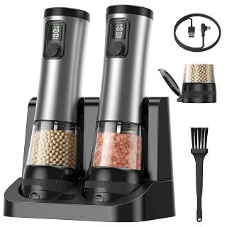 Electric Salt and Pepper Grinder Set 2 Pack, Adjustable Grinding Speed Adjustable Coarseness, Rechargeable Automatic Salt Pepper Shakers Stainless Steel Large Capacity for Kitchen, Dining or Camping - Amazon product rated Grade A