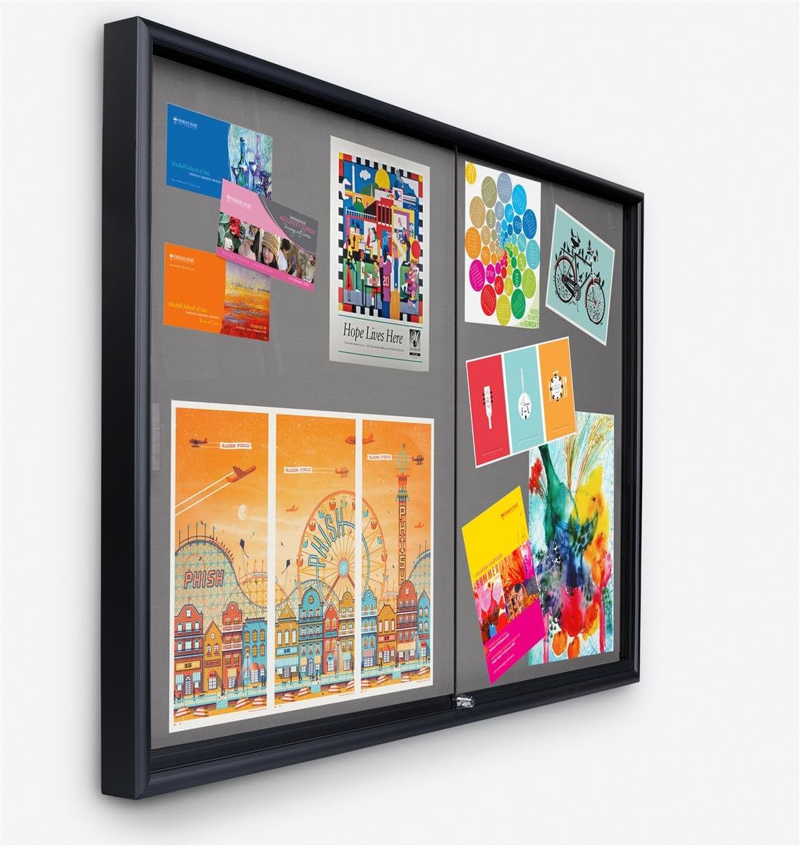 Black Aluminum Frame with Gray Fabric Panel Bulletin Board is 6-Feet Long, 72 x 48 x 3-Inch, Z-Bar Wall Mounting, Locking Sliding Glass Doors