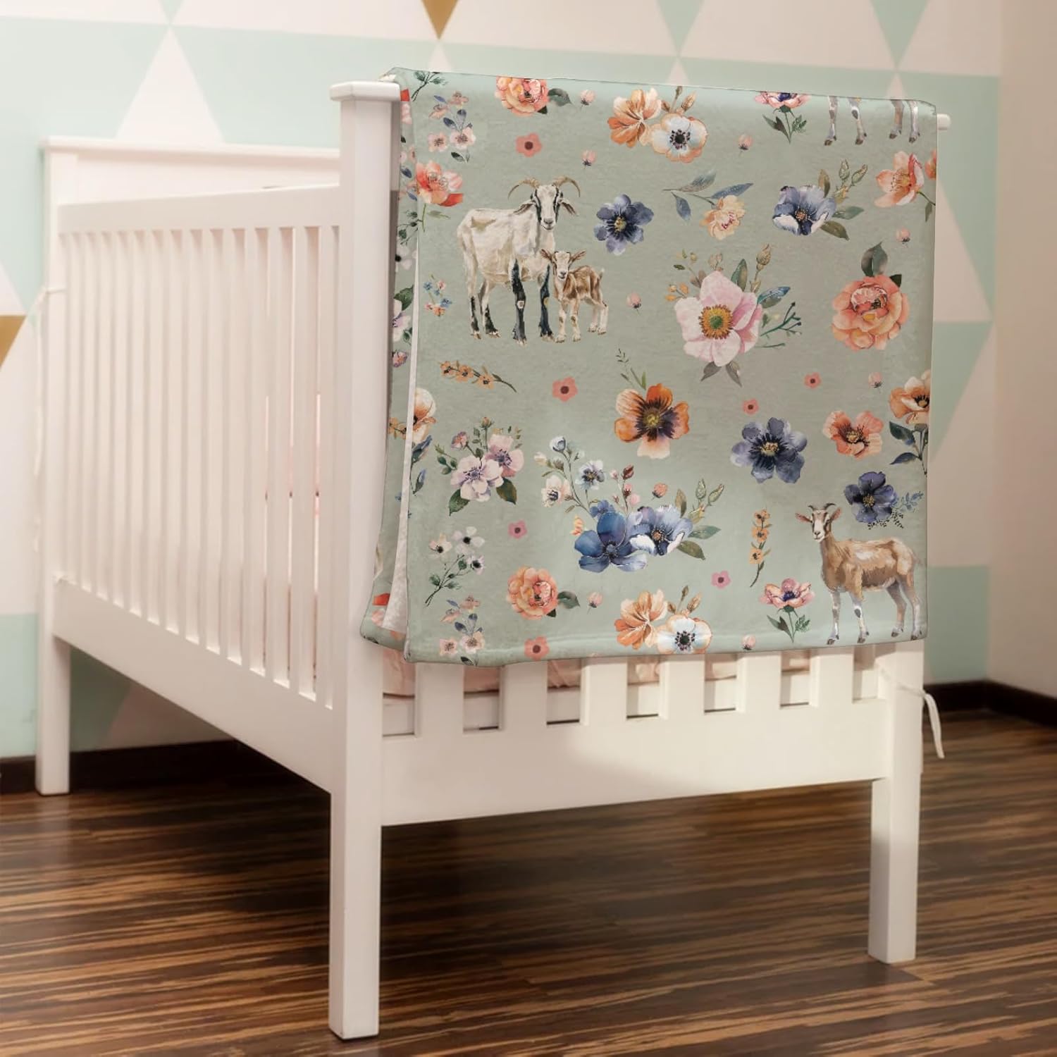Goat Retro Boho Floral Baby Blanket for Boy Girl Watercolor Goat Lamb Flowers Flannel Soft Swaddle Blanket Farm Animals Life Receiving Blanket for Newborn Toddler Nursery Crib Bed Blanket 60x80