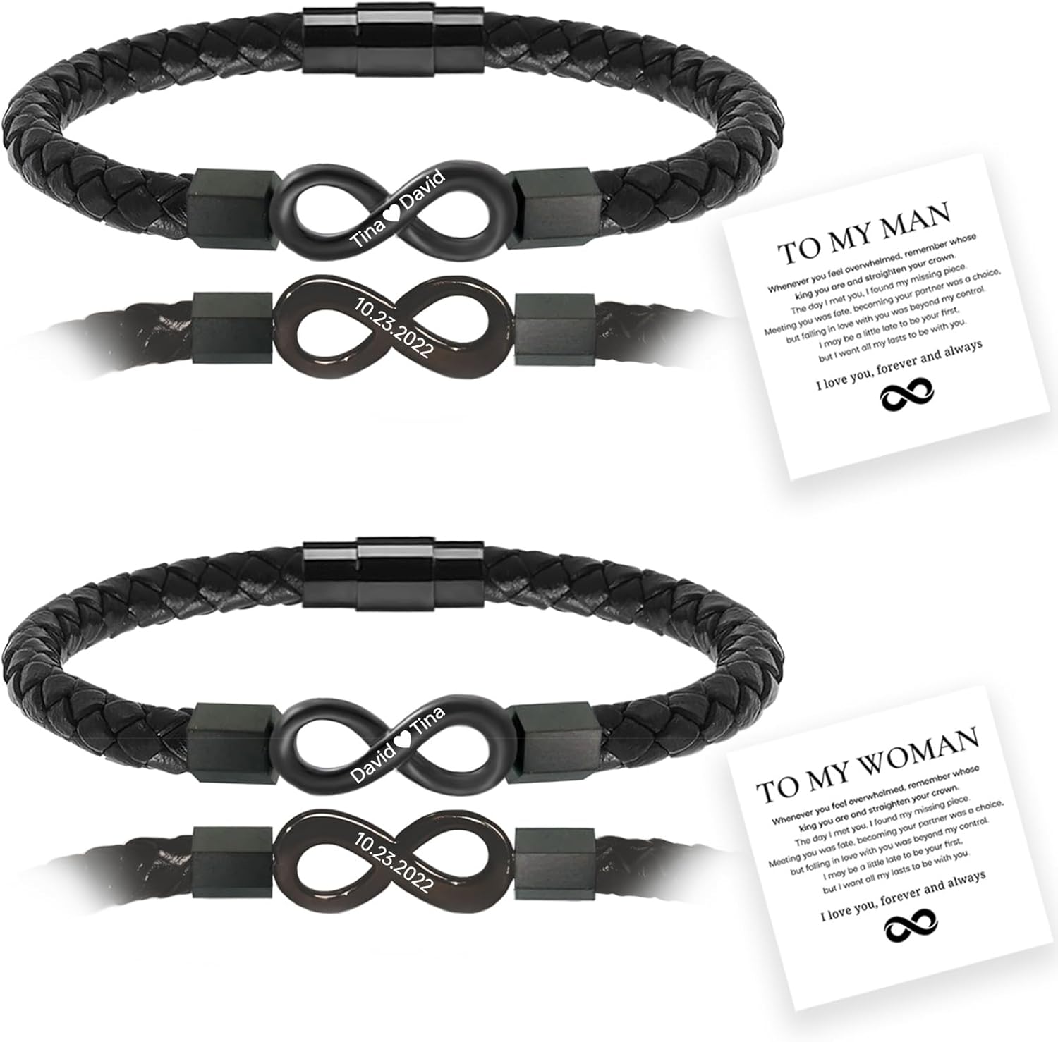 to My Man/Woman Bracelet, 2PCS Personalized Dual Name Infinity Leather Bracelet, Matching Couple Love Promise Bracelet, Custom Name Stainless Steel Braided Cuff Bracelet for Men/Women