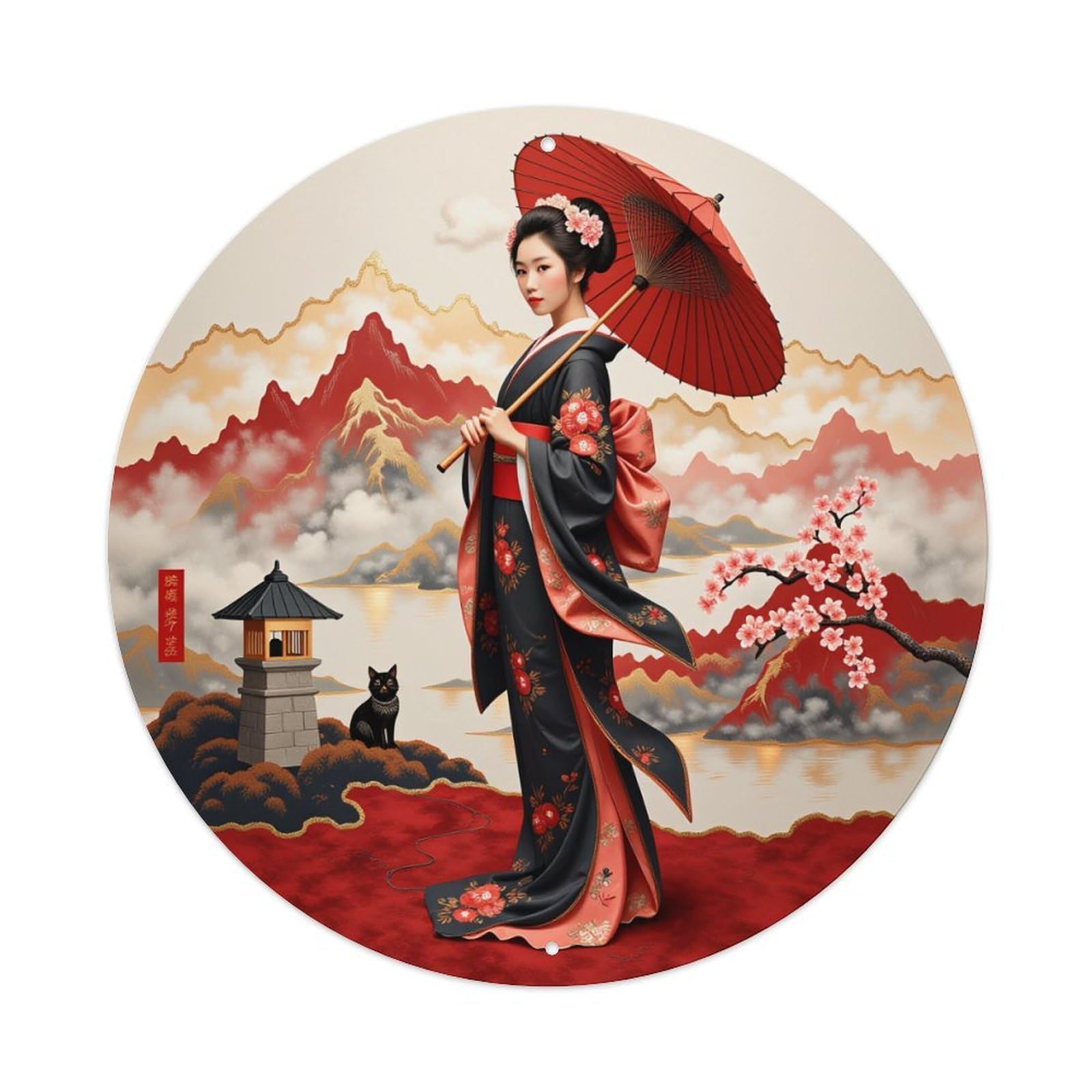 Japanese Landscape With Cherry Blossoms Round Tin Sign Vintage Metal Poster, Home Bar Garage Man Cave Cafe Indoor & Outdoor Wall Decoration 8x8Inches