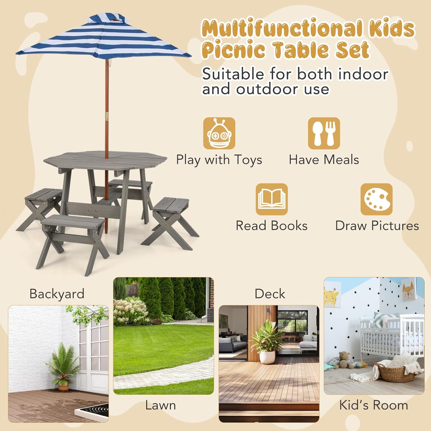 HONEY JOY Kids Picnic Table, Fir Wood Octagon Table & 4 Stool Set, Stripe Fabric Umbrella, Toddler Picnic Table for Outdoors, Children Backyard Furniture for Patio Garden(Gray)
