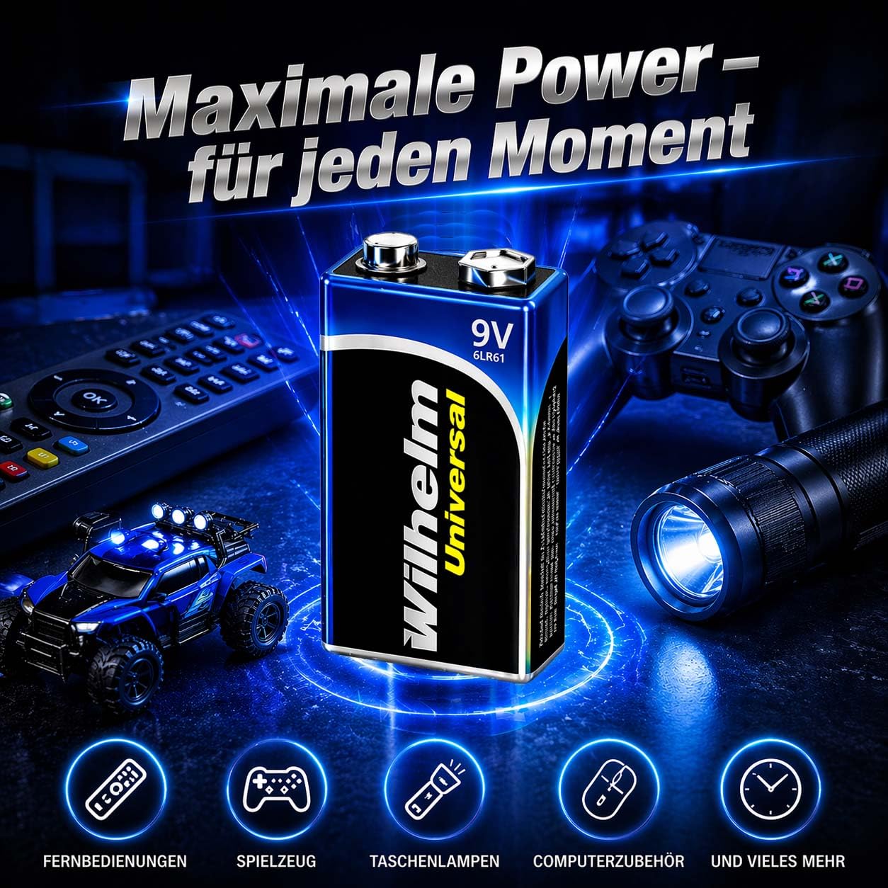 Wilhelm 9V Blockbatterien Alkaline 6LR61 Universal Longlife – 200 Stück