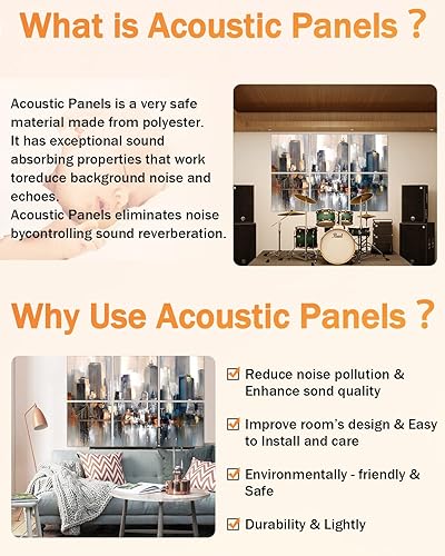 Miniatura 5 de BUSYBEES Paneles acústicos artísticos, 72 x 48 x 0.4 pulgadas, paneles de pared autoadhesivos insonorizados, reducen el eco de la habitación y la