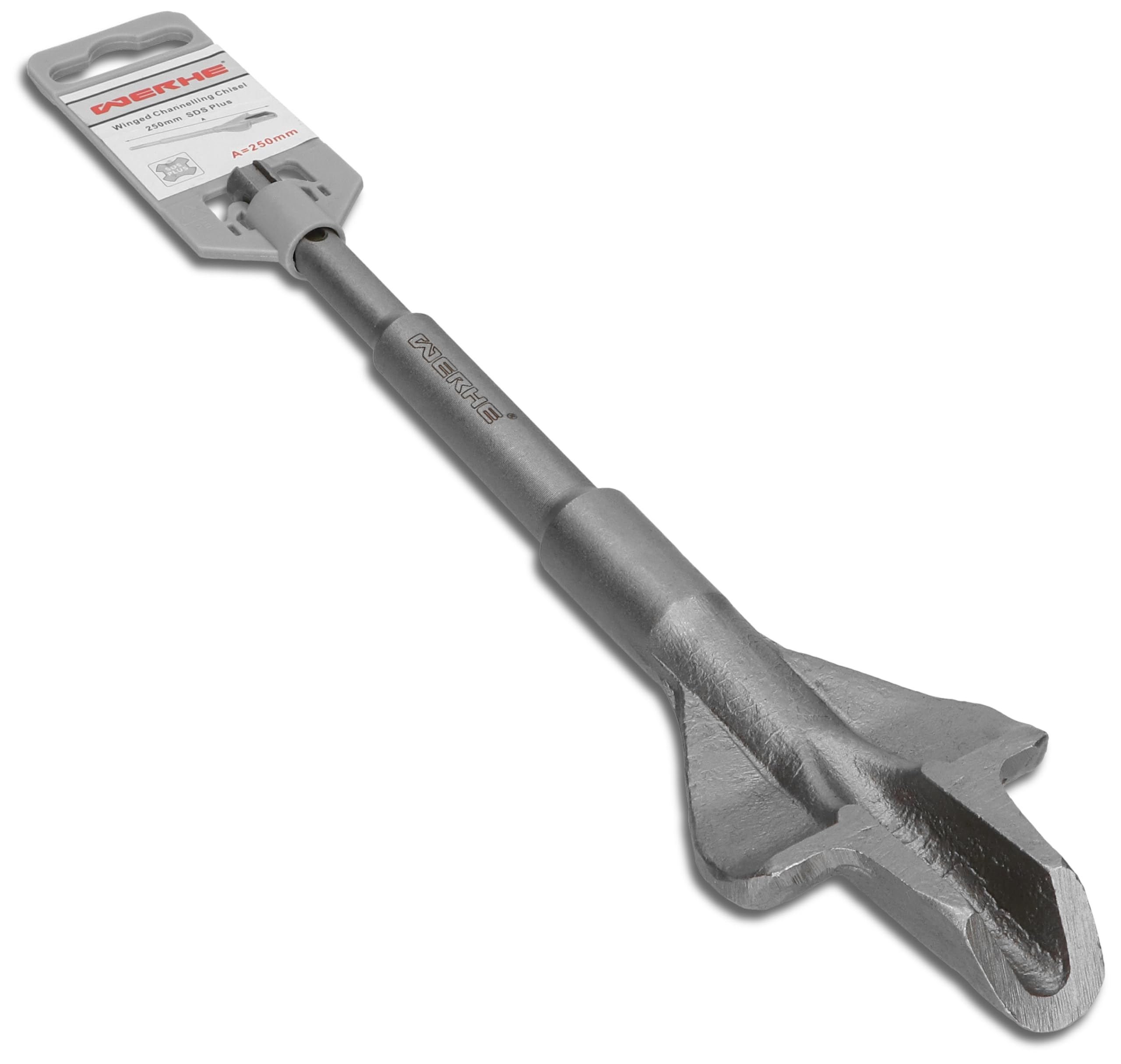 WERHE Chisel with Fins SDS Plus 60x250mm for Cable Ducts in | 10mm shank insertion, tempered steel tip, weight 0.45 kg, ideal for sockets and distribution strips