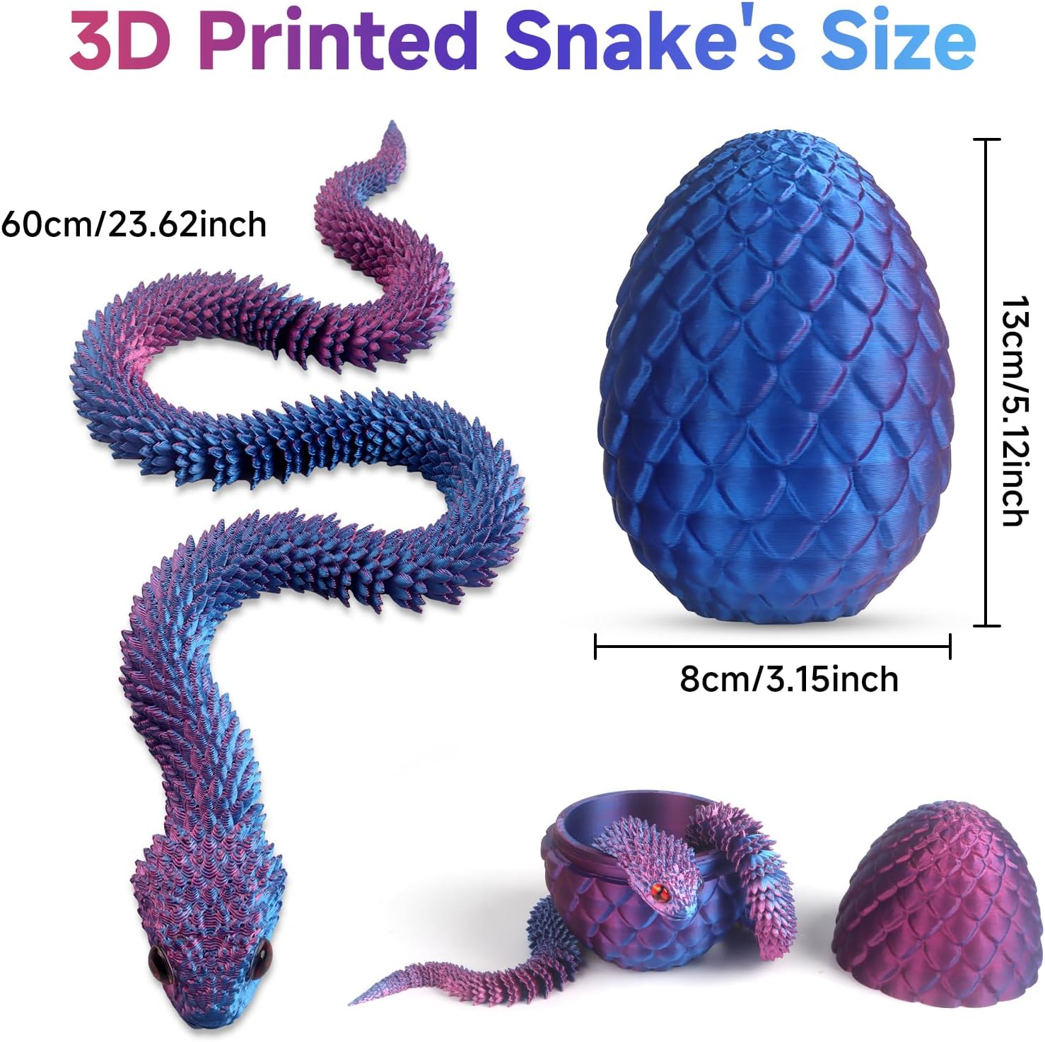 3D Printed Snake 24'' Flexible 3D Printed Articulated Snake Toy with Snake Eggs - Realistic 3D Printed Animal for Desk Decor, Easter & Birthday Gift (Black)