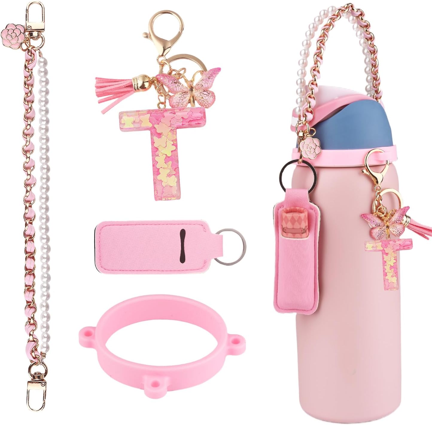 Letter Accessories for Owala Water Bottle 24/32/40oz,Initial Charm and Handle Strap for Owala/Stanley Cup Accessories(Pink, T)
