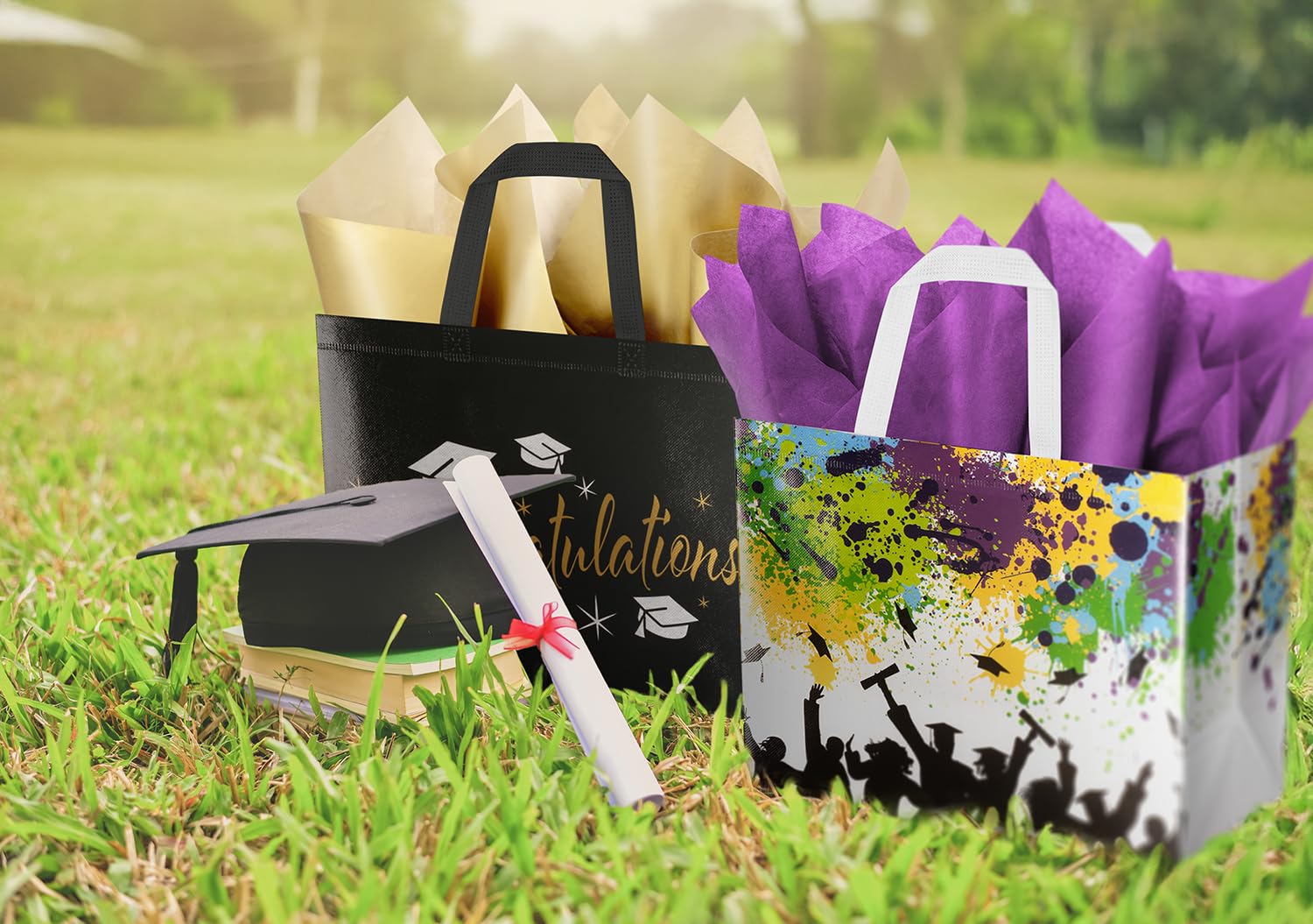 ysmile 2-Pack 2026 Graduation Gift Bags with Tissue Paper & Cards – Reusable Non-Woven Totes for Grad Congrats (12.6", White Colorful & Black Gold)