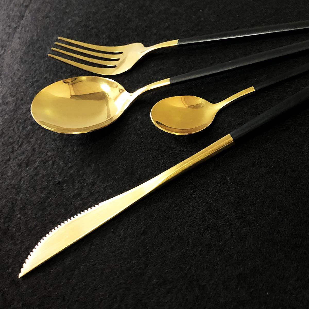 Silverware Set, Modern Flatware Cutlery Set Service For 6, Mirror Finish 24 Piece Portable 18/10 Stainless Steel Utensils Set For Home And Restaurant, Dishwasher Safe (Black Handle Gold)