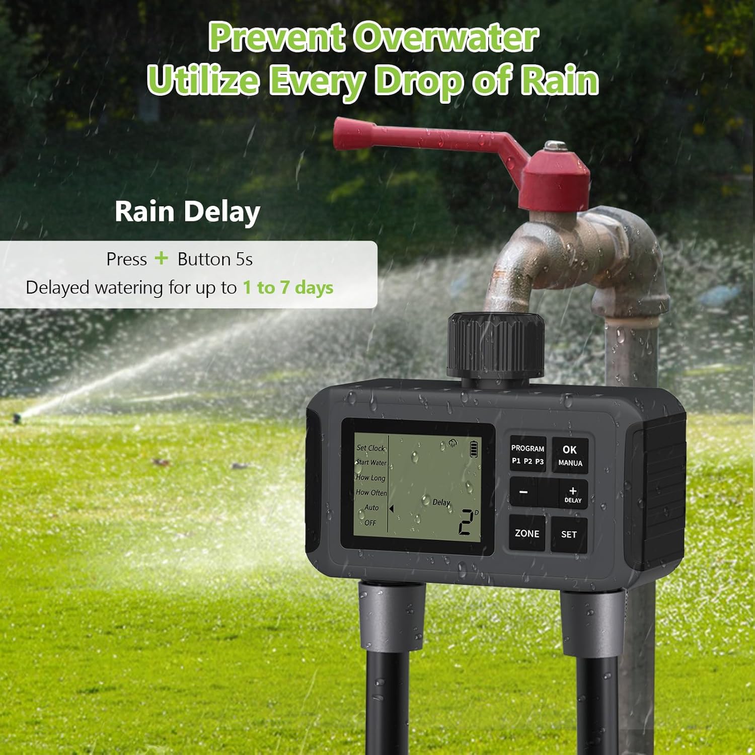 RCYAGO Sprinkler Timer showing rain delay function