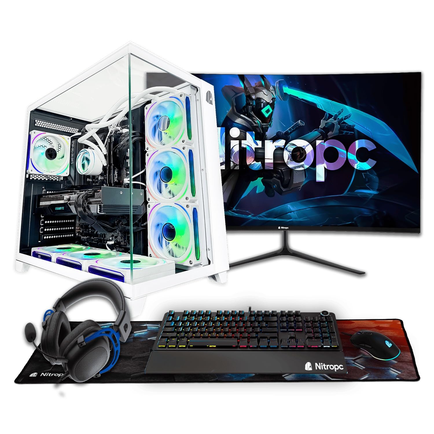 NitroPC - Pack Extremo | PC Gaming Completo (AMD Ryzen 7 7800X3D, RTX 5070 12GB, RAM 32GB, M2 2TB, Windows 11 Pro, RGB | WiFi Monitor 27", Teclado ratón Cascos) PC sobremesa (Blanco)