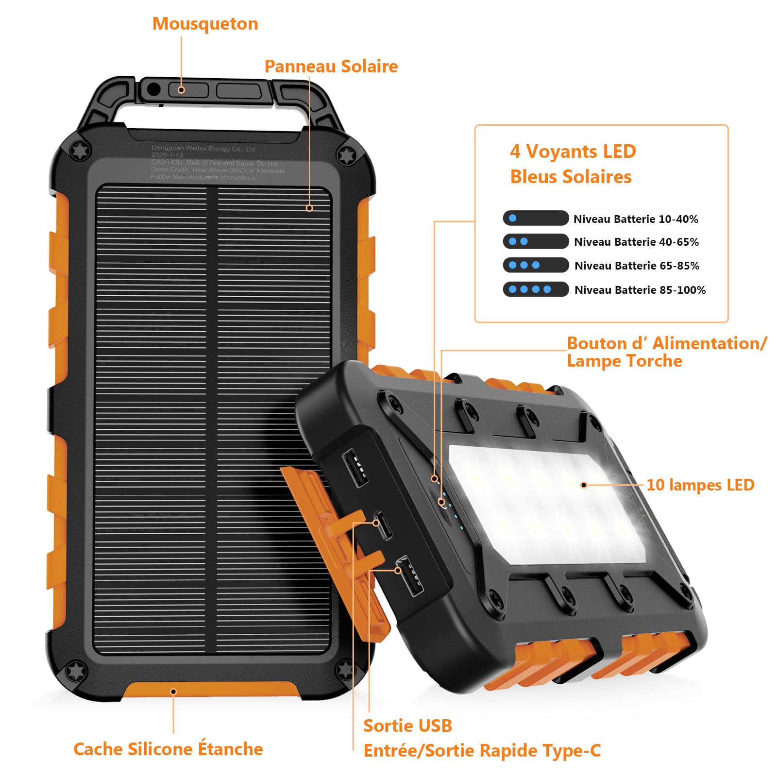 Batterie Externe Solaire 10000mAh, PD22.5W Chargeur Solaire Power Bank Portable USB C 3A Charge Rapide avec 3 Ports, Câbles et Lampe pour Smartphone, Tablette, Camping et Plus