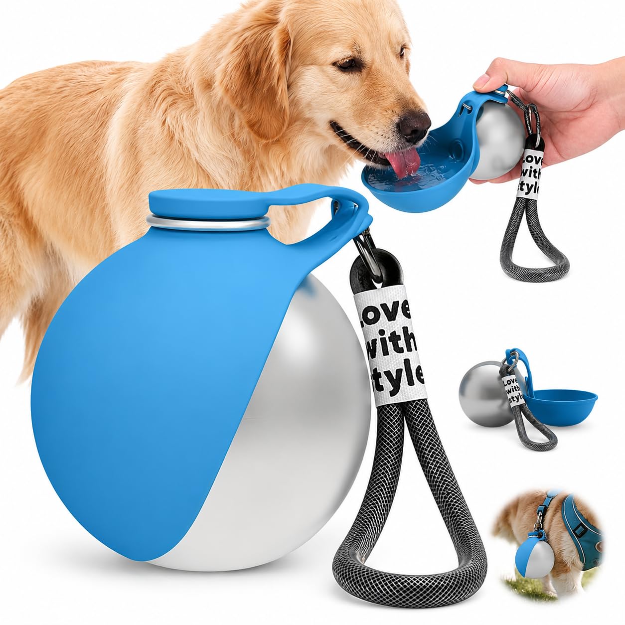 2 in 1 Portable Dog Water Bottle,10oz Stainless Steel Portable Dog WaterBottle,No-Spill Leak-Proof Design with Silicone Bowl,Travel Pet Water Dispenser,Perfect for Walking,Hiking,Camping and Travel