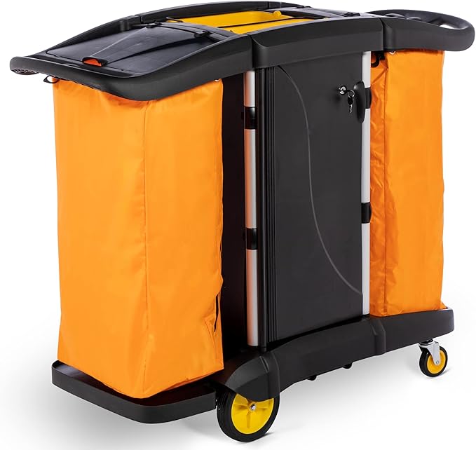 Executive Cleaning Cart, Black Professional Service Trolley with Yellow
