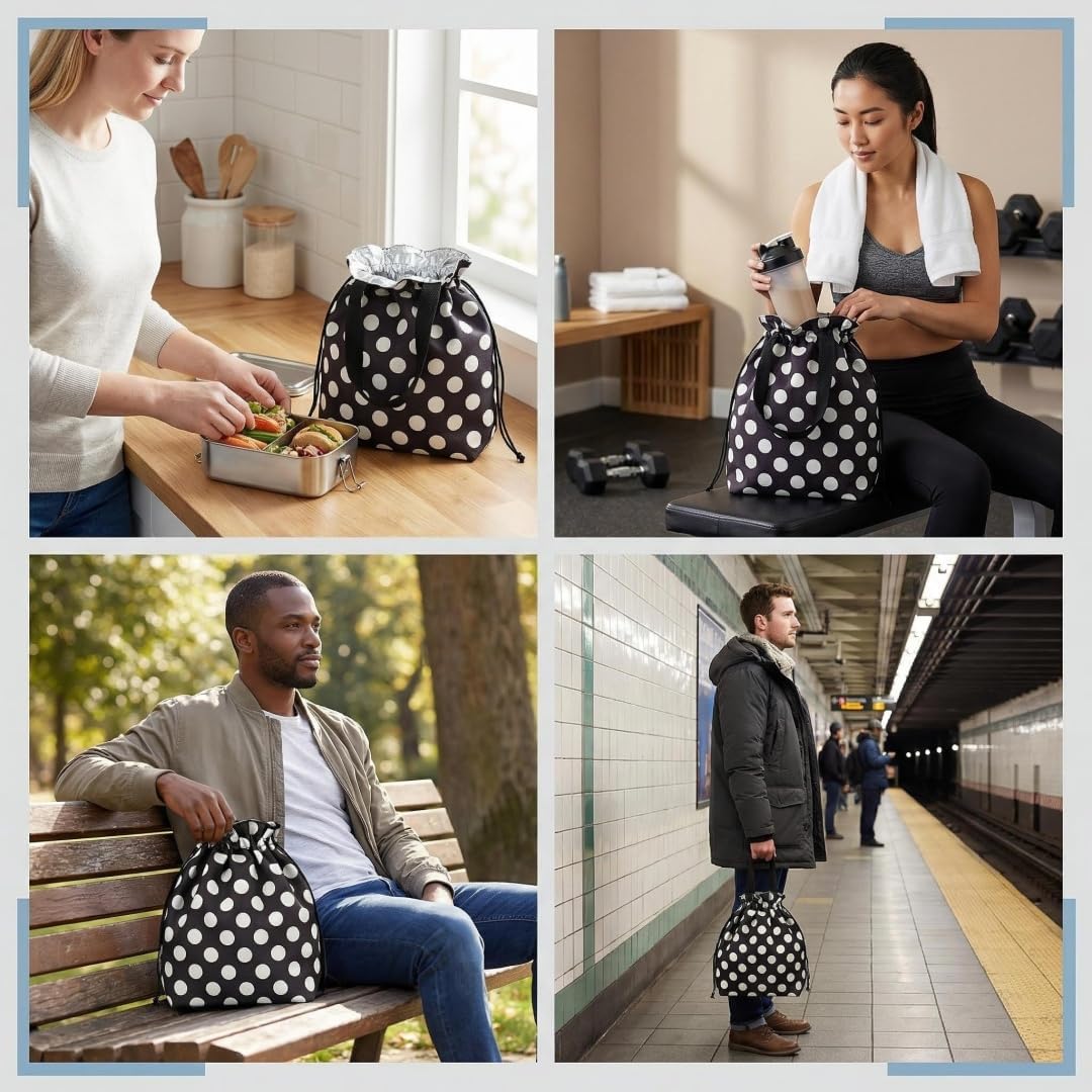 Waterproof Polka Dot Drawstring Lunch Bag - Spill-Resistant Pouch for Work Office, 5mm Foam Base, Quick Open/Close for Women Men (black)