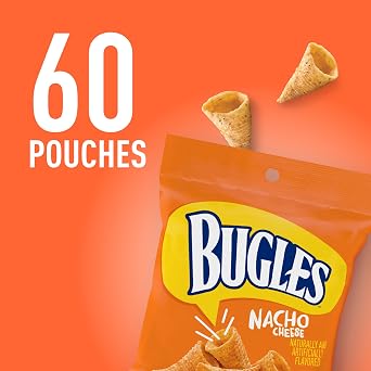 Bugles Corn Snacks, Nacho Cheese Flavor, Single Serve Pouches, 60 Ct