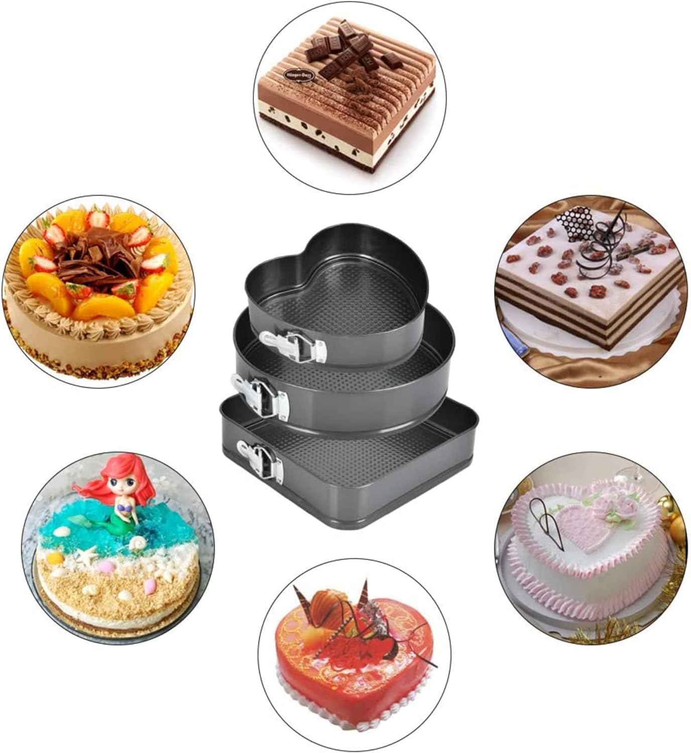 Springform - Juego de 3 moldes para tartas de queso (7, 8, 9 pulgadas), redondos, cuadrados, a prueba de fugas, antiadherentes, con parte inferior extraíble, de acero al carbono 7