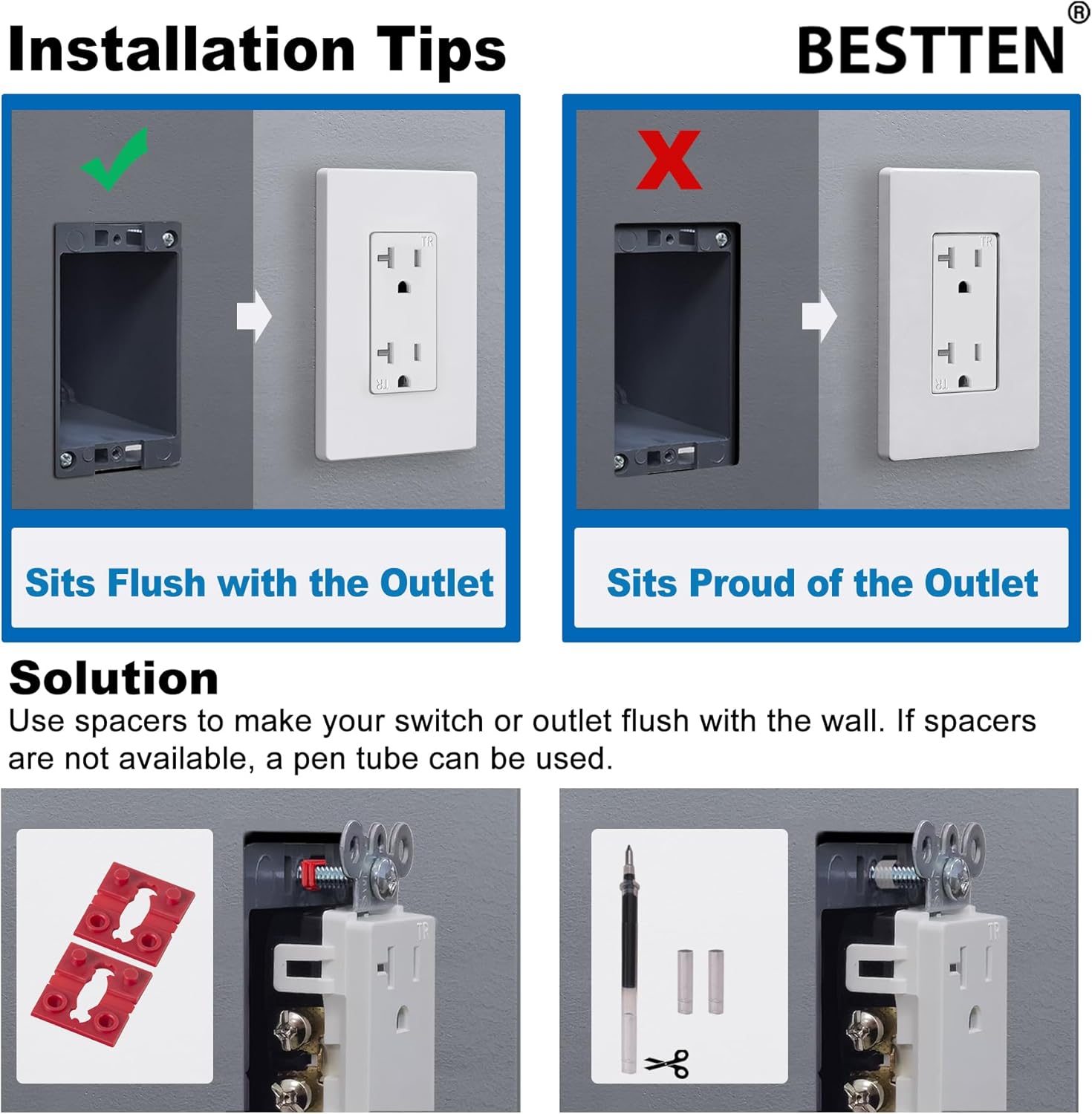 [20 Pack] BESTTEN 20 Amp Decorator Receptacle with Screwless Wall Plate, Tamper-Resistant (TR), for Residential & Commercial Use, UL Listed, White