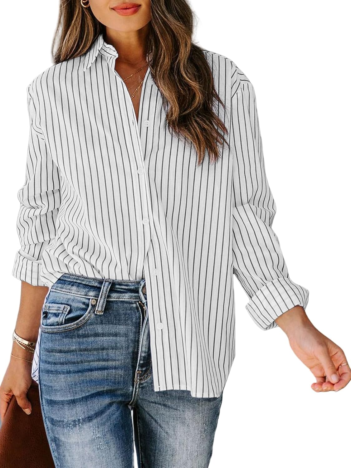 Aoudery Womens Button Down Shirts Cotton Striped Dress Shirt Long Sleeve Collared Office Work Pinstripes Blouses Tops