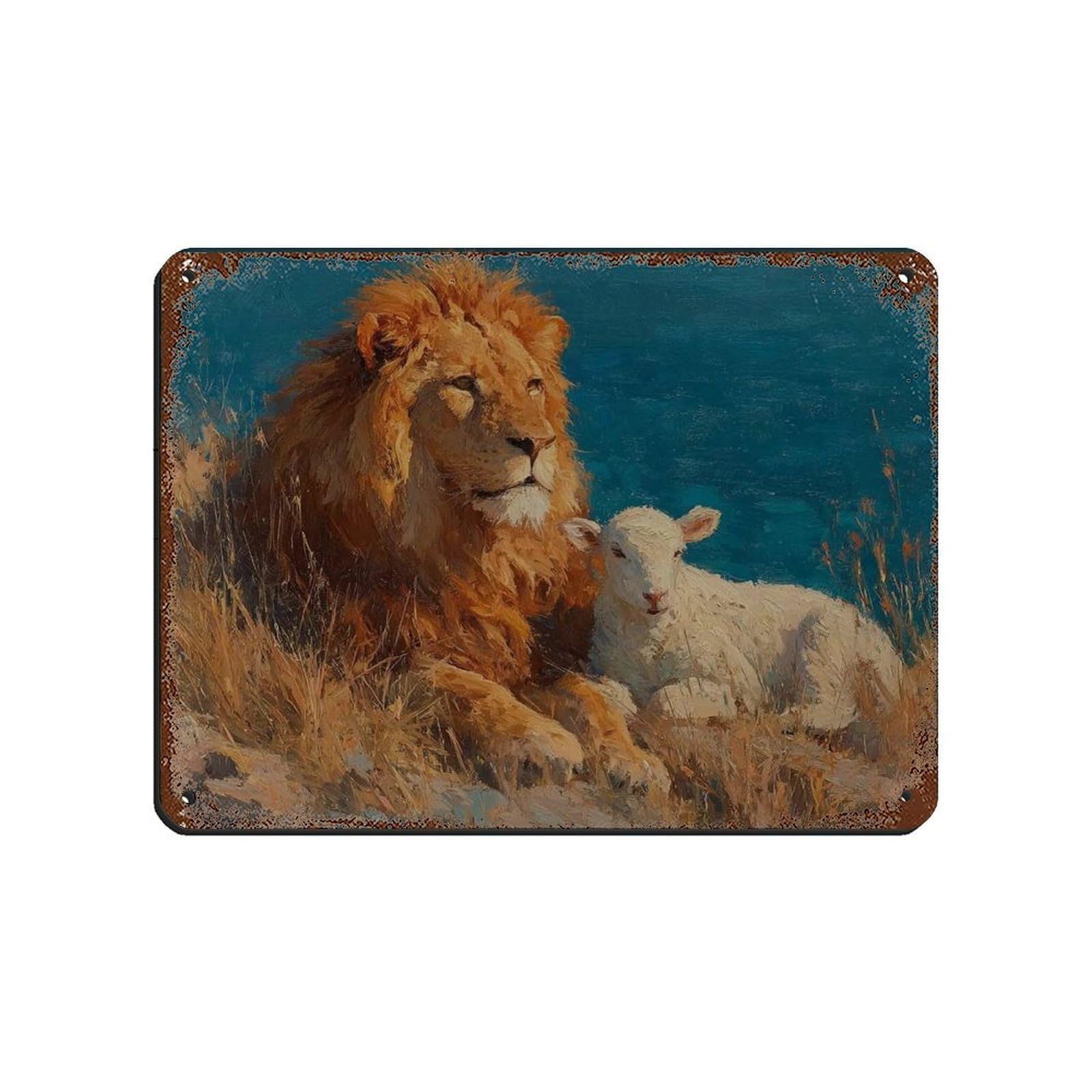 Peinture à l'huile Lion et Agneau sur panneau métallique rétro chic
