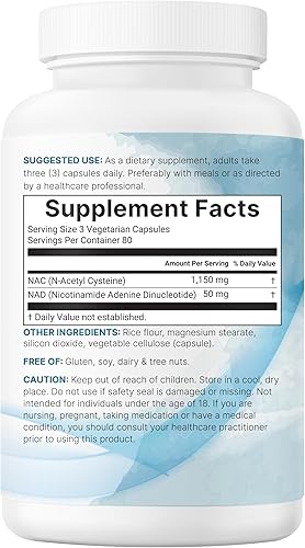 Miniatura 6 de Micro Ingredients NAC con NAD+, 240 cápsulas vegetarianas 1,200 mg por porción N-acetil-L-cisteína 2 en 1 con nicotinamida adenina dinucleótido