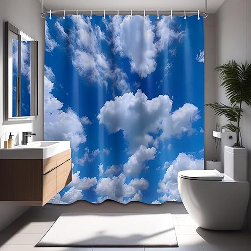 Cortina de ducha con cielo azul y nube blanca, cortinas de ducha de paisaje natural, decoración de baño, bañera, juegos impermeables con 12 ganchos,