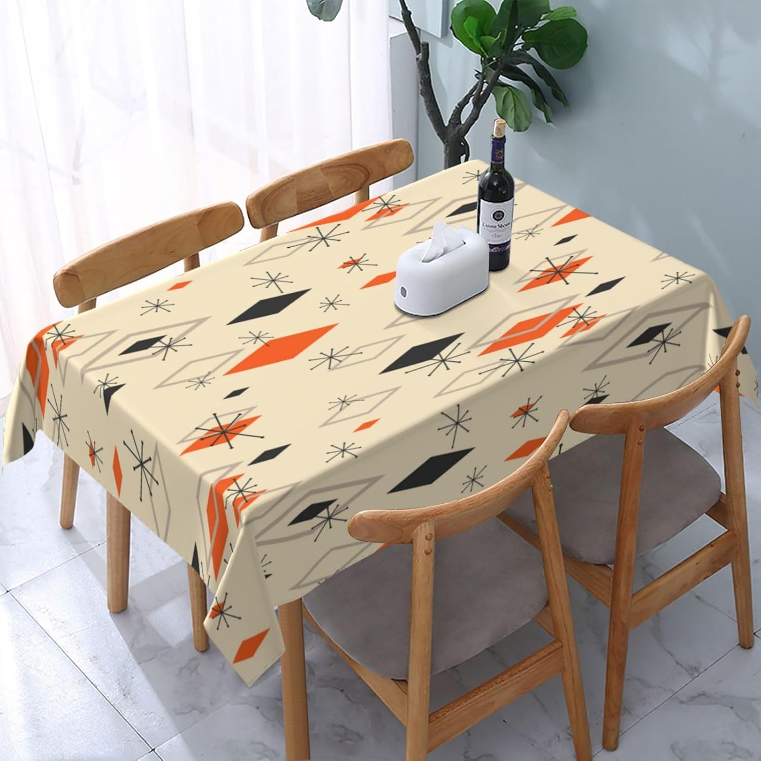 Mid Century Tablecloth, Modern Orange Black 1950s Boho Atomic Pattern Table Cloth for Holiday Home Picnic Party Wedding Buffet Parties Campin,60"x90"