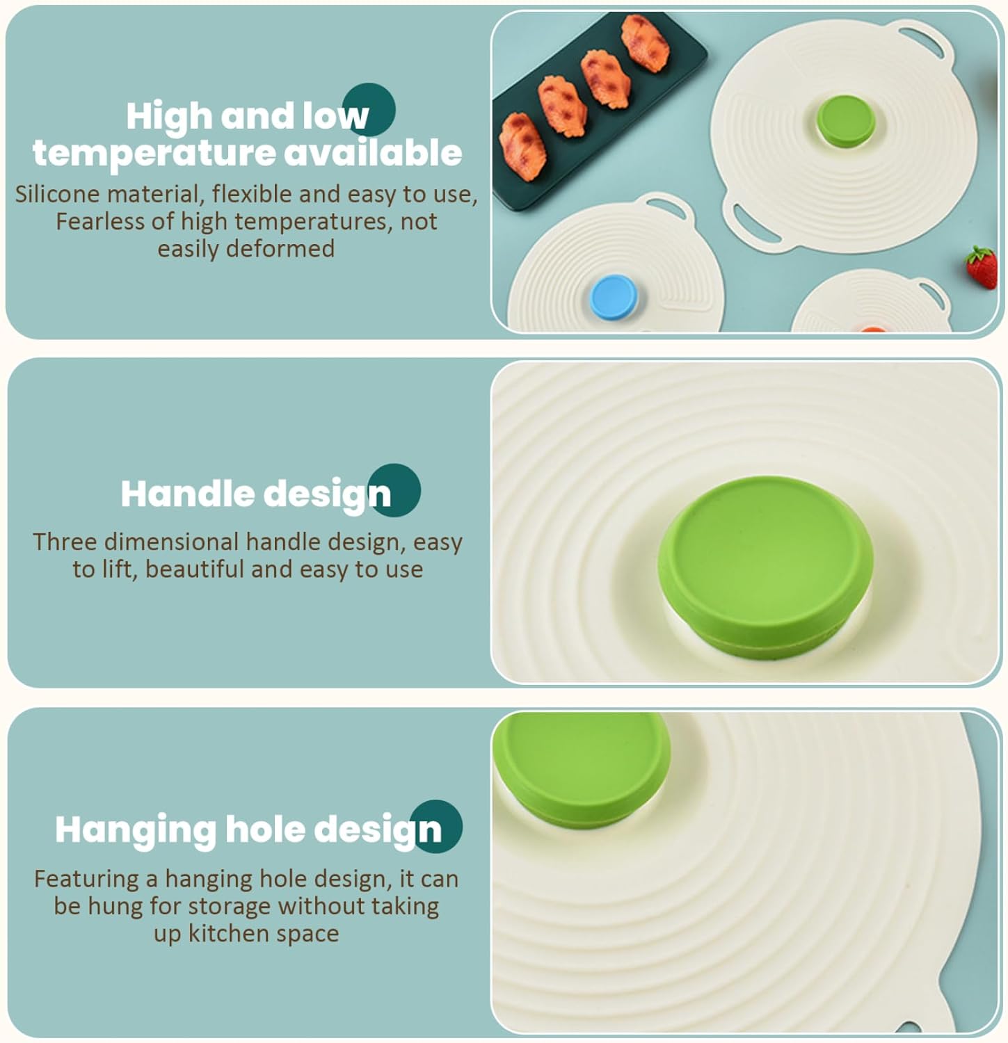 3pcs Silicone Lids Food Covers, Round Heat Cold Resistant Microwave Cover With Handle, Airtight Silicone Food Covers Fits Cups, Bowls, Plates, PotsSilicone Lids