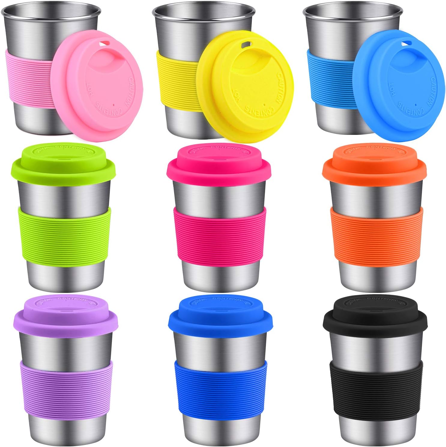 Ruisita 9 Pack 8 Ounce Stainless Steel Cups with Silicone Lids and Sleeves Unbreakable Drinking Pint Cups for Children and Adults (9, 8 Ounce)