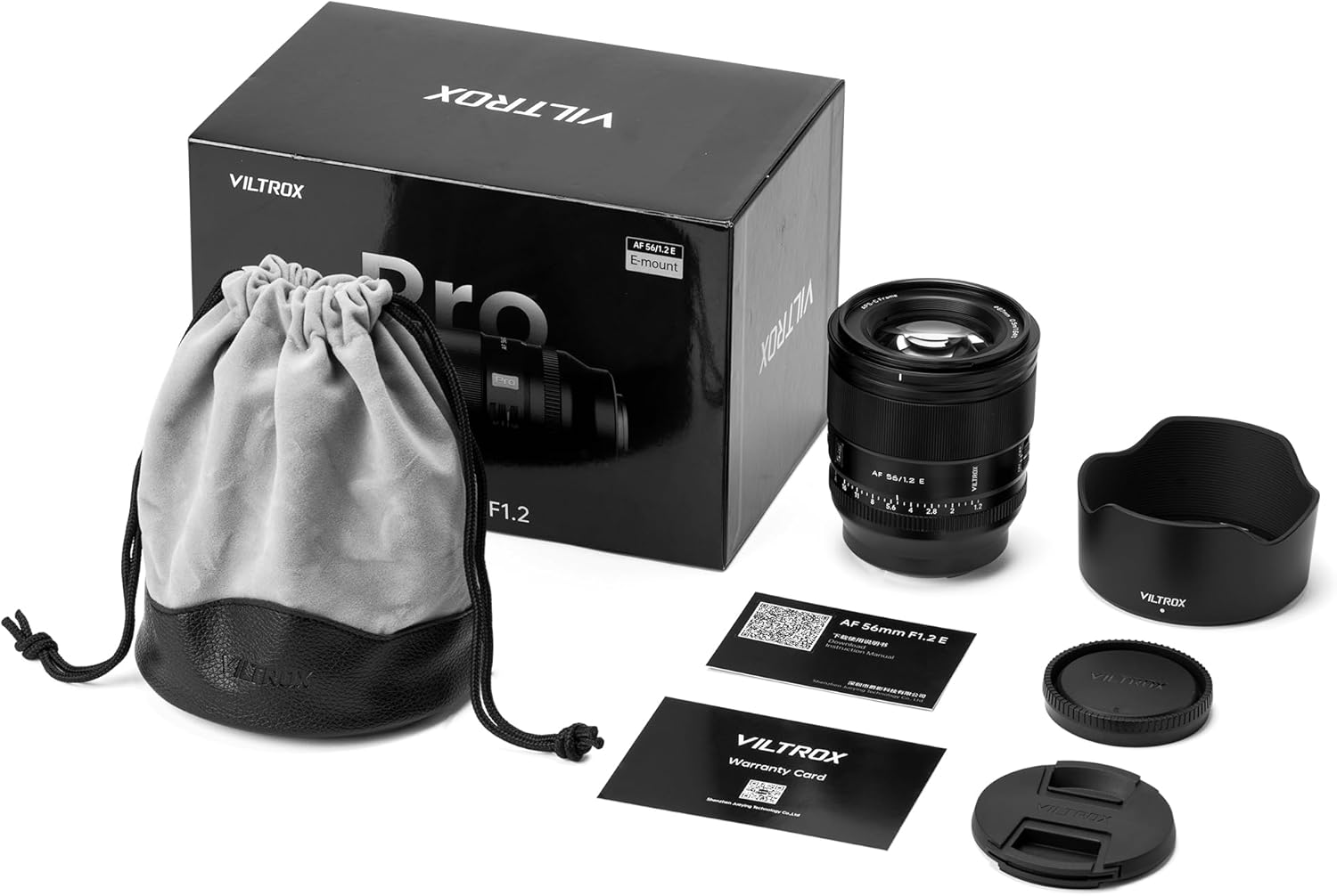 Contents of the VILTROX 56mm F1.2 Pro E lens box, including lens, caps, pouch, and hood