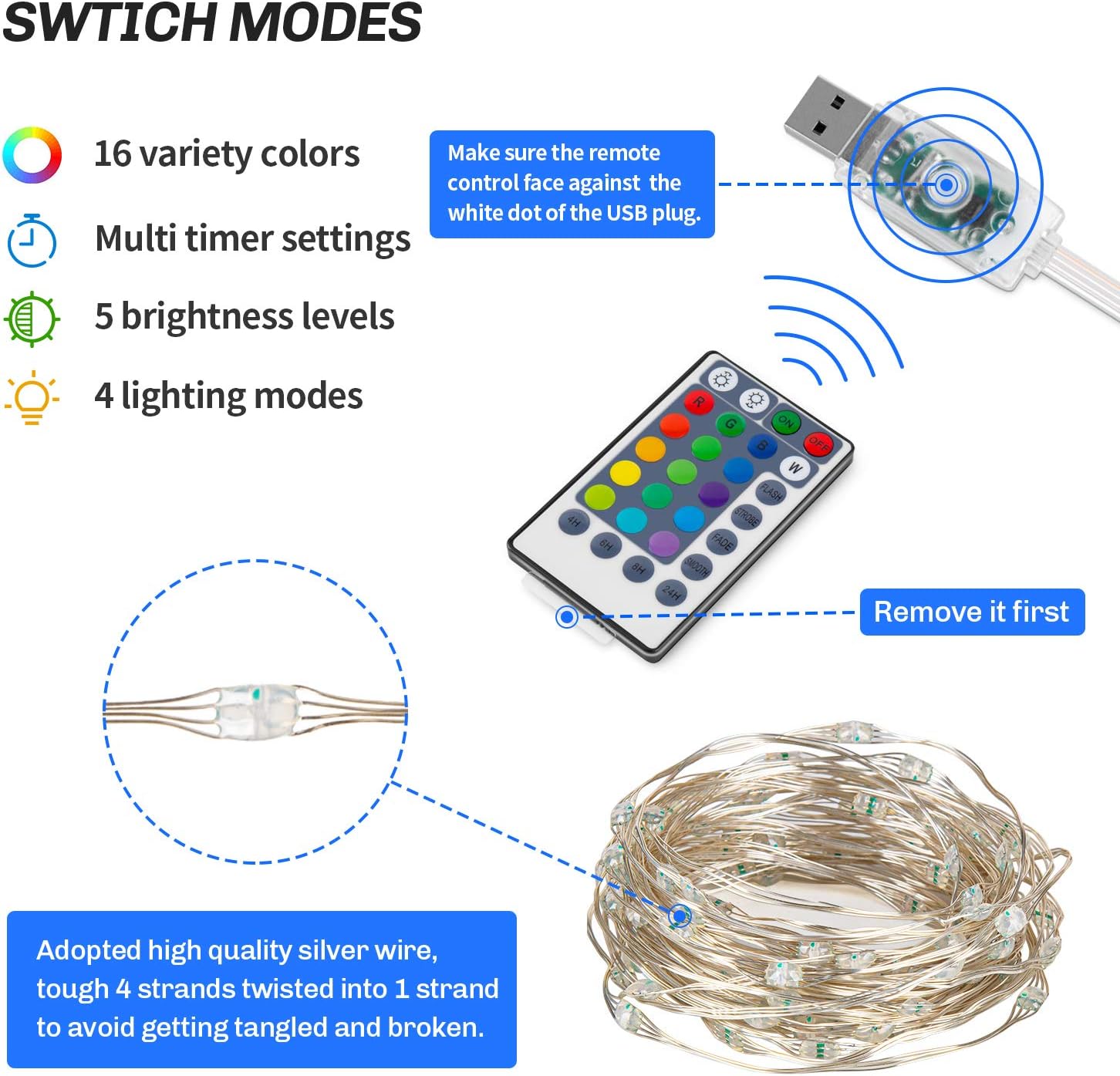 Koxly Fairy String Lights USB Powered 16 Colors Changing String Lights 33ft 100 LED Waterproof Twinkle Lights with 4 Lighting Modes Remote Control for Bedroom Christmas Decorations
